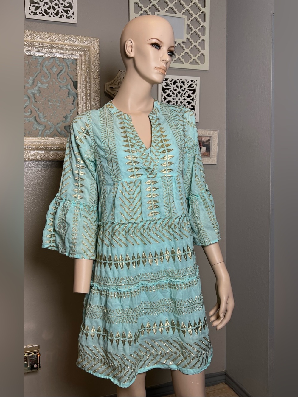 Boston Proper Light Aqua dress with Gold Metallic Embellishment - Picture 7 of 14